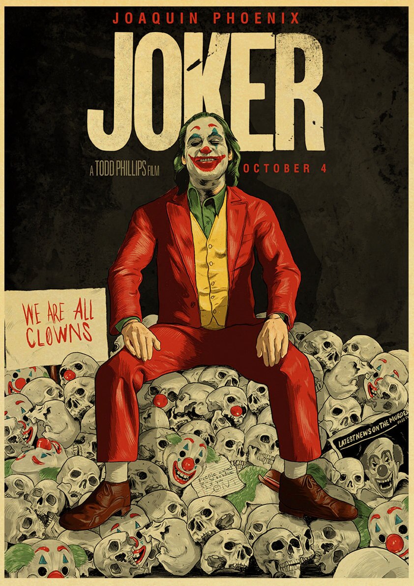 Poster Joker (2019) Joaquin Phoenix : affiche Joker assis sur ses masques et ses cadavres - /medias/158304668910.jpg