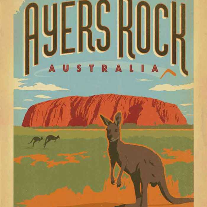 Poster voyage vintage : Kangourou &quot;Ayers Rock&quot; Australie