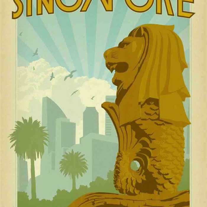Poster voyage vintage : Singapour &quot;la ville du Lion&quot;